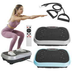 Berry Charmz vibration platform exercise machine with resistance bands and remote control, featuring a sleek design and digital controls.