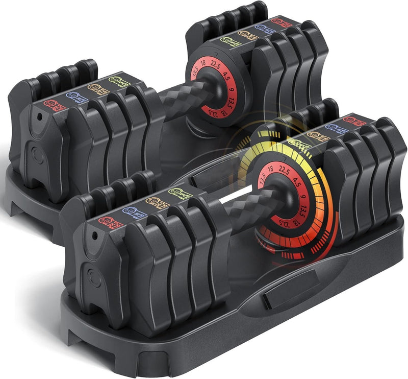 Adjustable Berry Charmz dumbbell set with black weights and silver handles, designed for versatile home strength training.