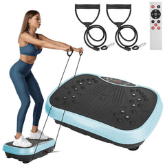 Berry Charmz vibration platform exercise machine with resistant bands and remote control, showing the compact design and control panel.