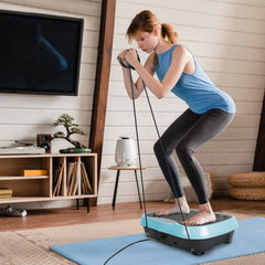 Berry Charmz vibration platform exercise machine with resistant bands and remote control, showing the compact workout equipment.