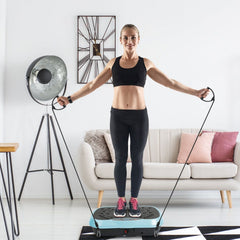 Berry Charmz vibration platform exercise machine with resistant bands and remote control for full-body workouts.