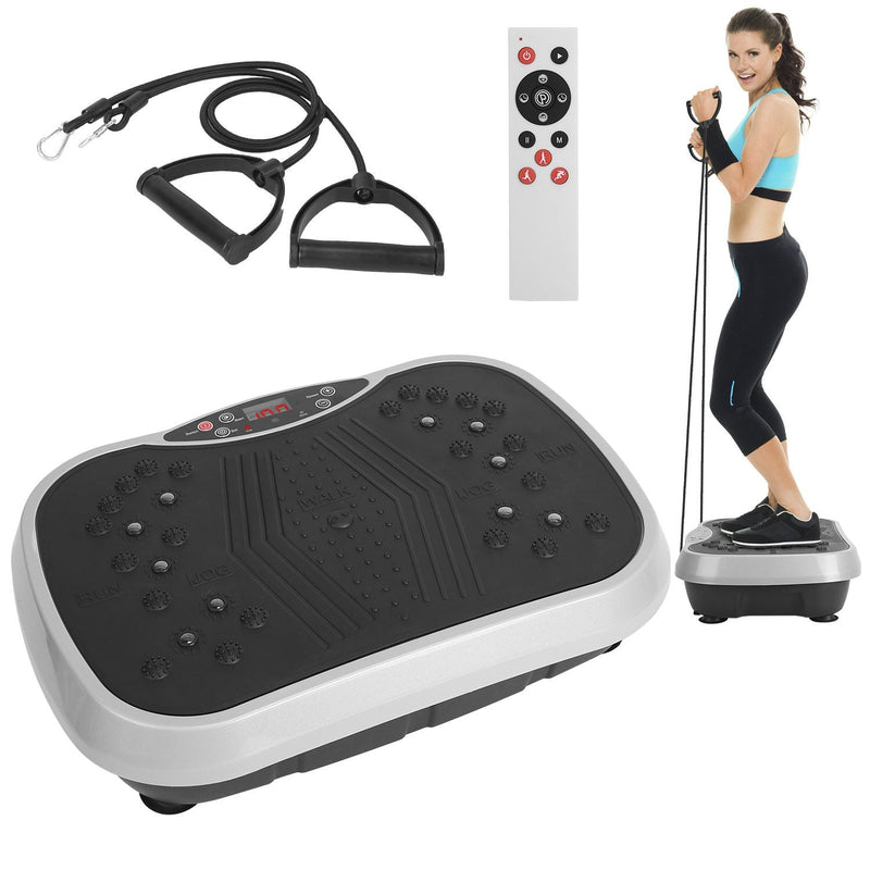 Berry Charmz vibration platform exercise machine with resistant bands, showing the compact vibration plate and workout accessories.