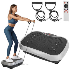 Berry Charmz vibration platform exercise machine with resistance bands and remote control, showing the compact design and control panel.