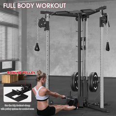 SAKSBY WHOLESALE Rovix dual pulley cable crossover machine with pull-up and LAT bar in use, showing adjustable pulleys and workout setup.
