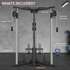 SAKSBY WHOLESALE Rovix dual pulley cable crossover machine with pull-up bar and LAT attachment for strength training.