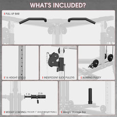 SAKSBY WHOLESALE Rovix dual pulley cable crossover machine with pull-up bar and LAT bar for strength training and muscle workouts.