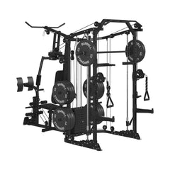 SAKSBY WHOLESALE Rovix Dual Station Smith Machine with Cable Crossover for home gym, front right view of workout equipment