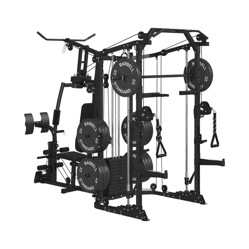 SAKSBY WHOLESALE Rovix Dual Station Smith Machine with Cable Crossover for home gym, front right view of workout equipment