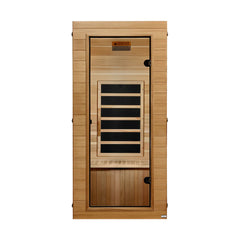 Golden Designs Inc. Dynamic 1 Person Compact Sauna with ultra-low EMF FAR infrared design, shown in a modern home space.