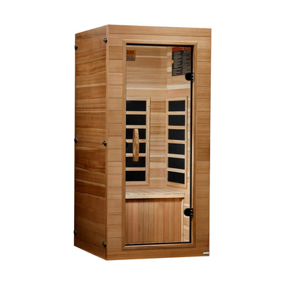 Golden Designs Inc. DYN-1201-01 Elite compact single-person infrared sauna with sleek design and low EMF for home wellness.