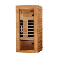 Golden Designs Inc. Elite Compact 1-Person Infrared Sauna with low EMF, shown from the right side, modern and sleek design.