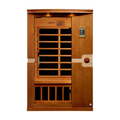 Golden Designs Elite Venice 2-person infrared sauna with glass door and interior benches, featuring low EMF technology.