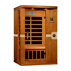 Golden Designs Elite Venice 2-person ultra low EMF far infrared sauna with glass door and wooden interior, shown from the left side.