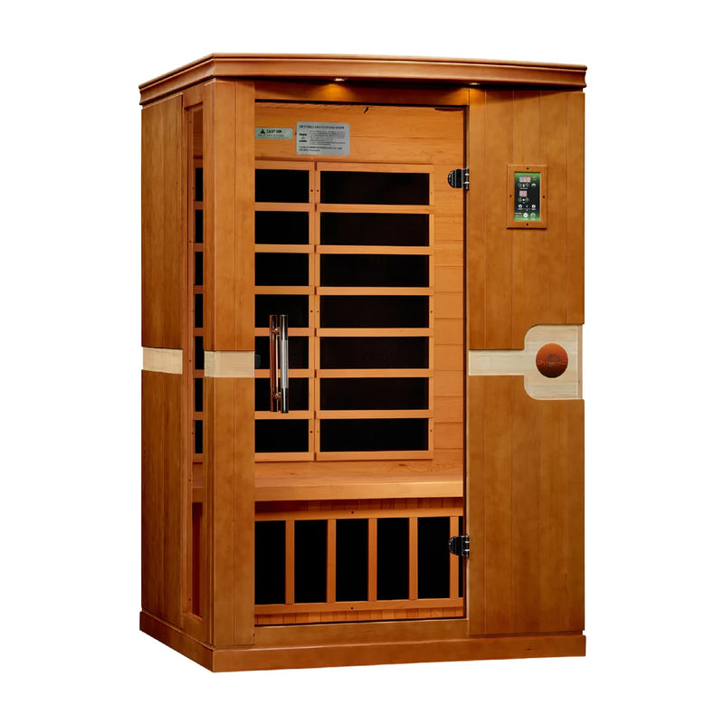 Golden Designs Elite Venice 2-person ultra low EMF far infrared sauna with glass door and wooden interior, shown from the left side.