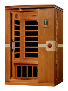 Golden Designs Elite Dynamic Venice 2-person infrared sauna with ultra low EMF, featuring wood interior and full-length glass door.