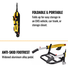 Foldable electric stair climber wheelchair by Dynamic Fluid Fitness with footrest, designed for elderly and handicap mobility, supports 350 lbs.