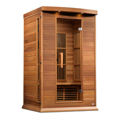 Golden Designs Maxxus 2-person red cedar infrared sauna with low EMF FAR infrared panels, shown with interior and seating.
