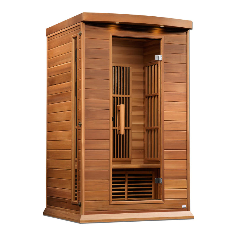 Golden Designs Maxxus 2-person red cedar infrared sauna with low EMF FAR infrared panels, shown with interior and seating.