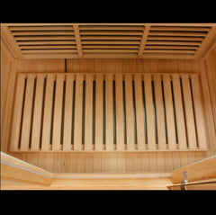 Golden Designs Maxxus 4 Person Low EMF FAR IR Sauna with floor heater, featuring natural wood interior and infrared panels.