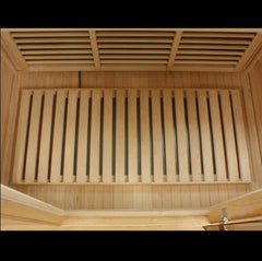 Golden Designs Maxxus Near Zero EMF FAR Infrared Sauna with Canadian Hemlock wood and floor heater for relaxation and wellness.