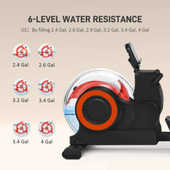 Rovix foldable water rowing machine by Saksby Wholesale with LCD monitor, adjustable resistance, tablet holder, and water resistance levels.