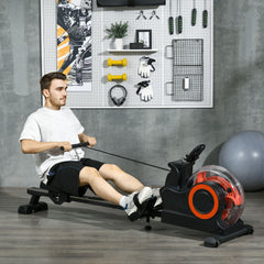 Rovix foldable water rowing machine by Saksby Wholesale with adjustable resistance, LCD monitor, tablet holder, ideal for home gym workouts.