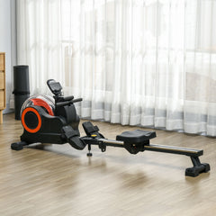 Rovix foldable water rowing machine by Saksby Wholesale with adjustable resistance, LCD monitor, tablet holder, and compact design.