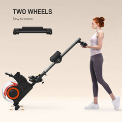 Rovix foldable water rowing machine by Saksby Wholesale with adjustable resistance, LCD monitor, tablet holder, and two wheels for easy storage.