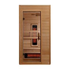 Golden Designs Dynamic Martin 1-2 Person full spectrum near zero EMF FAR infrared sauna with wood interior and digital control panel.