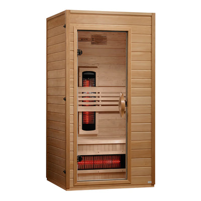 Golden Designs Dynamic Martin 1-2 Person Full Spectrum Near Zero EMF FAR IR Sauna, shown from the left side.