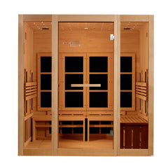 Golden Designs Inc. GDI-6880-03 FS 8-person full spectrum near zero EMF FAR infrared sauna interior with center bench and modern design