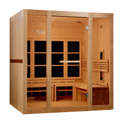Golden Designs FS GDI-6880-03 8-person full spectrum near zero EMF far infrared sauna with left bench, modern design, and glass panels.