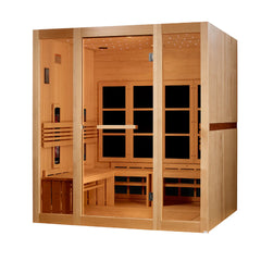 Golden Designs 8-person full spectrum infrared sauna with side bench, featuring near-zero EMF and modern interior design.