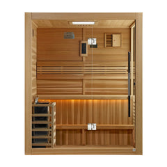 Golden Designs Sundsvall 2-person traditional sauna with wooden interior and glass door, designed for home relaxation.