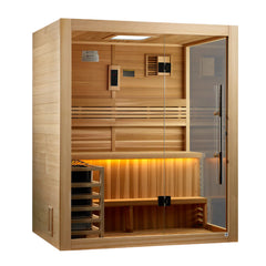 Golden Designs Sundsvall 2-person traditional sauna with wooden interior and door, designed for home relaxation.
