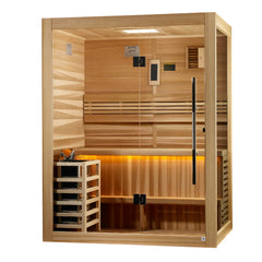 Golden Designs Sundsvall 2-person traditional sauna with wooden interior and glass door, designed for home relaxation.