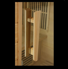 Golden Designs Maxxus Near Zero EMF FAR Infrared Sauna with Canadian Hemlock wood, featuring a handle and sleek design.