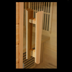 Golden Designs Inc. MX-K356-01 3-person low EMF far infrared sauna with wooden handle and spacious interior.