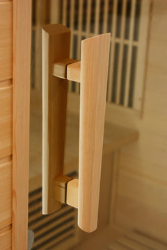 Golden Designs Maxxus S-Line 2-person full spectrum infrared sauna with wooden handle and glass door.