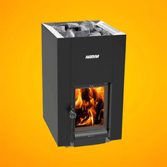 Harvia GreenFlame 22 Linear wood sauna stove with sauna stones, front-right view, 15.7KW sauna heater by SAKSBY WHOLESALE