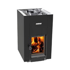 Harvia GreenFlame 22 Linear 15.7KW wood sauna stove with sauna stones, front right view, in a sauna heater setting.