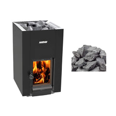 Harvia GreenFlame 22 Linear 15.7KW wood sauna stove with sauna stones, SAK62094, featuring a sleek, modern design for home sauna heating.