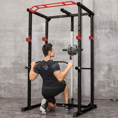 SAKSBY Wholesale heavy-duty 1000LBS adjustable power cage rack for professional strength training, shown in a gym setting.