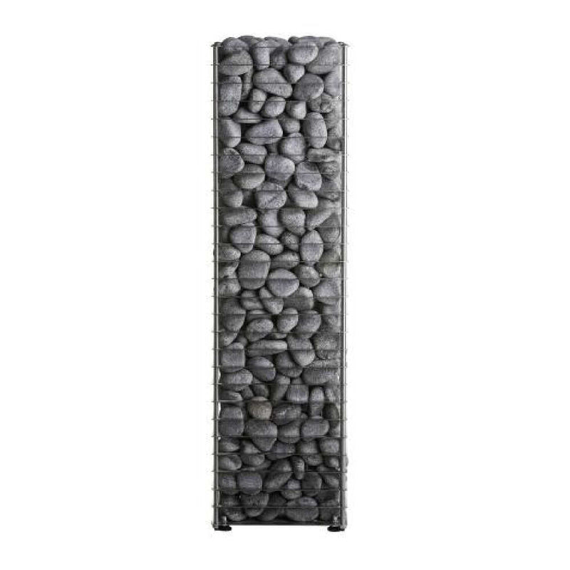 SAKSBY WHOLESALE Huum Cliff Slim electric stainless steel sauna heater with two prop blocks, front view.