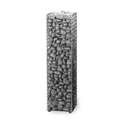 SAKSBY WHOLESALE Huum Cliff Slim electric sauna heater in stainless steel with two prop blocks and stones, designed for home saunas.