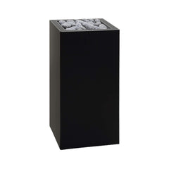 Huum Core Black sauna heater by SAKSBY WHOLESALE with adjustable legs, front-left view, 6.5kW or 10.5kW power options.