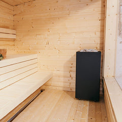Huum Core Black Sauna Heater by SAKSBY WHOLESALE with adjustable legs, 6.5kW or 10.5kW, black finish, viewed from front angle.