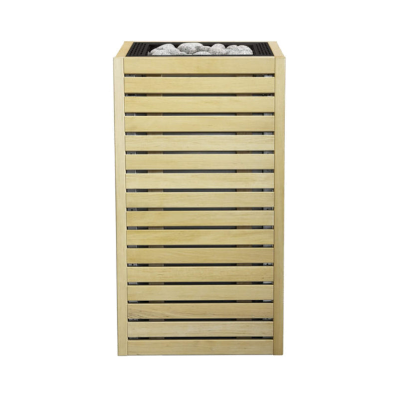 SAKSBY WHOLESALE Huum Core alder wood exterior sauna heater with front view, showcasing its modern design and heating elements.