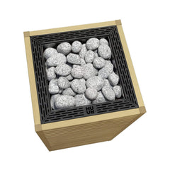 SAKSBY WHOLESALE Huum Core Alder Wood exterior sauna heater with top view, showcasing heating elements and wooden exterior design.