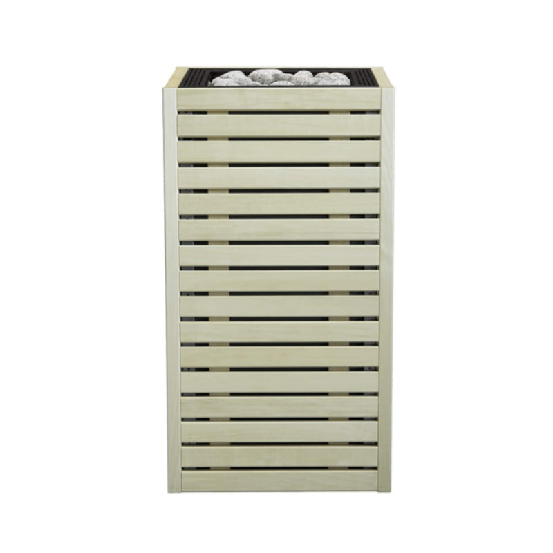 SAKSBY WHOLESALE Huum Core Aspen wood exterior sauna heater with front view, showcasing its robust design and heating elements.